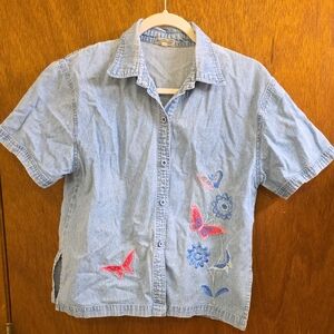 Denim Button Down Shirt with Embroidered Accents
